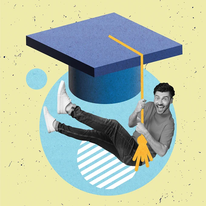 A composite mage of a smiling man holding onto the cord dangling from a giant mortarboard