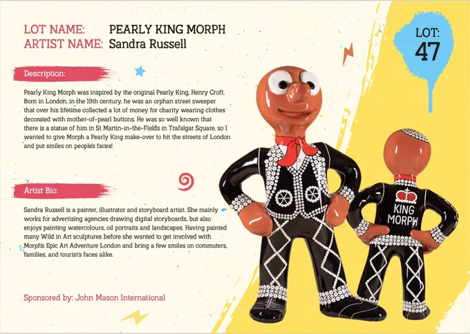 Sandra Russell art - auction catalogue page for Pearly King Morph, a Wild In Art trail in London