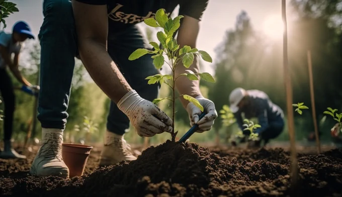 Persons planting trees in the sun