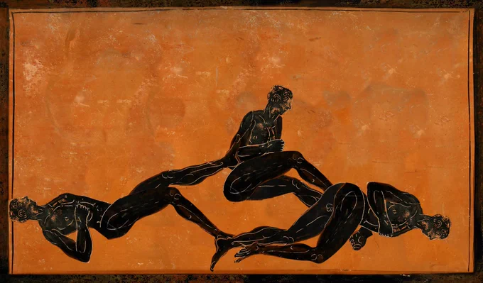 Ancient Greek painting of three men running has been edited to show the three men lying on the floor after their run.