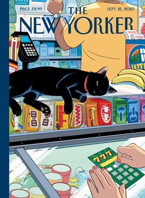 Cover of the magazine 'The New Yorker' showing an illustration of a black bodega cat sleeping on a shop counter, while a human scratches a scratchcard.