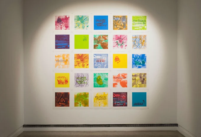 A set of 25 brightly colour prints with different images and text on them set in a grid of 5 horizontal rows by 5 vertical rows. The piece is called Childcare Now!