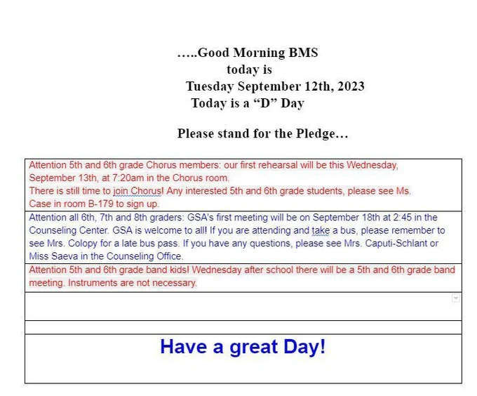 BMS Morning Announcemnts