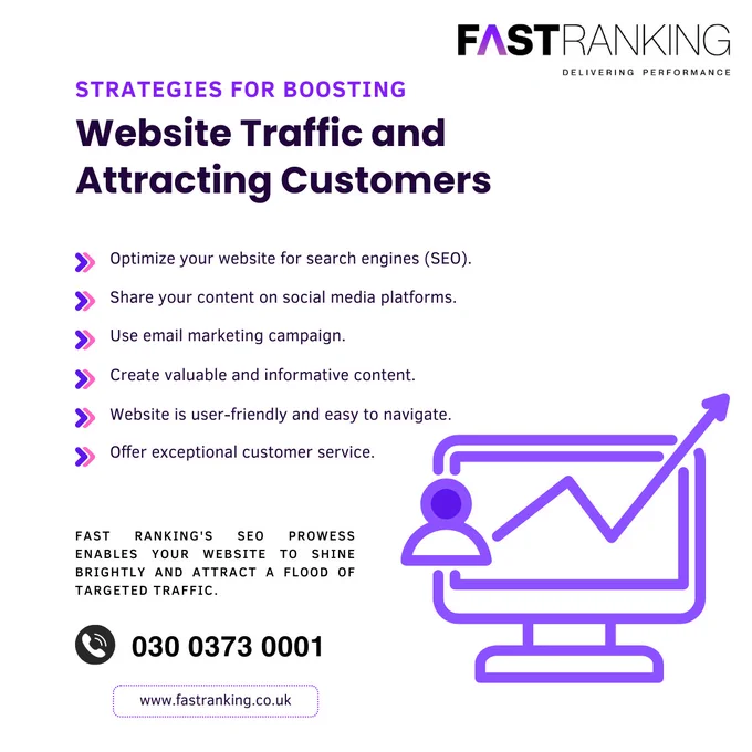 
Strategies for Boosting Website Traffic and Attracting Customers

 🔹 Optimize your website for search engines (SEO).
 🔹 Share your content on social media platforms.
 🔹 Use email marketing campaign.
 🔹 Create valuable and informative content.
 🔹 Website is user-friendly and easy to navigate.
 🔹 Offer exceptional customer service.