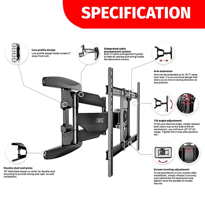 Upgrade your viewing experience with the MX 40"-70" LED / LCD TV Wall Mount Full Motion Bracket! 🖥️📺
Discover the strength and stability of its dual-arm design, guaranteeing a secure display setup. Say goodbye to cable chaos with its smart cable management system, making connections effortless. Elevate your home entertainment setup today! 🔥
To Know More Visit: https://rb.gy/yu6pm
#MX #tvstand #sturdy #homespace #modernsolution #television #homeinterior #sale #bestquality #modernhome #interiordesign #furniture #lcdstand