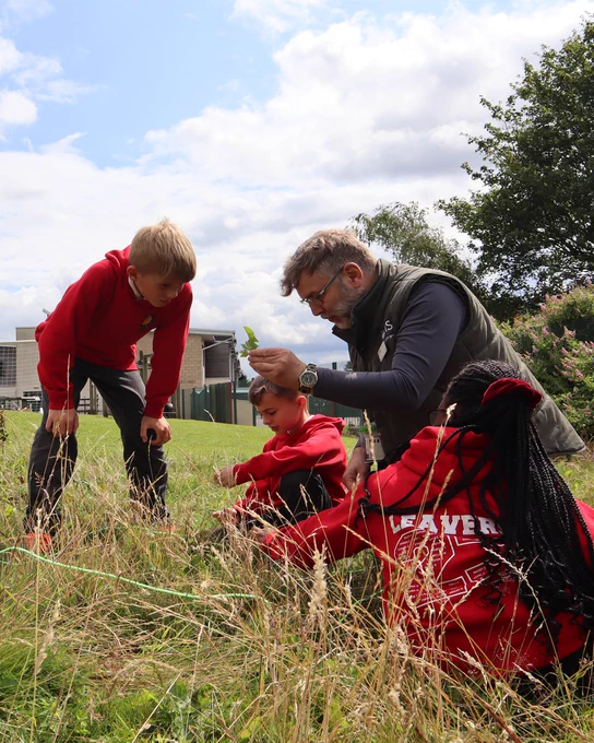 Photograph of an educator and three young children in a grassy field. The educator is holding a small piece of vegetation and the students are studying it and the grass closely.