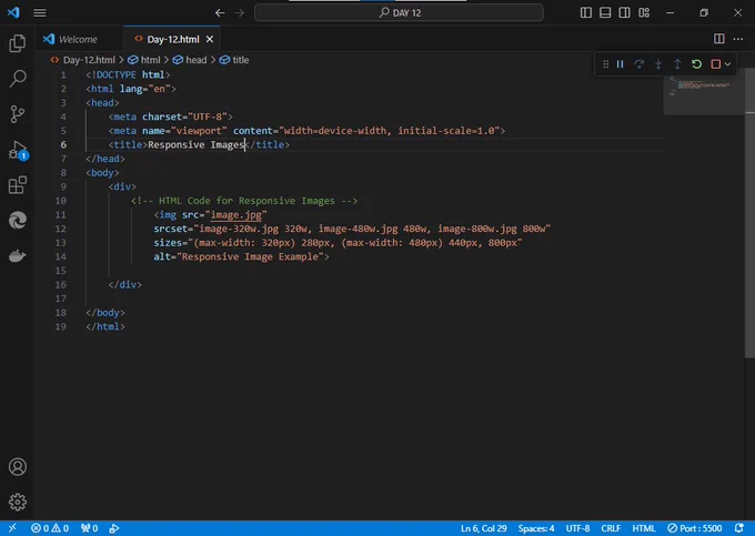 A screenshot displaying HTML code for responsive images.
Day 12 of #100DaysOfFrontEndDev: Learn to optimize web images for different screen sizes using HTML's 'srcset' and 'sizes' attributes. Make your visuals shine on every device with responsive design. Dive into the world of web development! 📷🖥️ #ResponsiveImages #WebDevMagic
