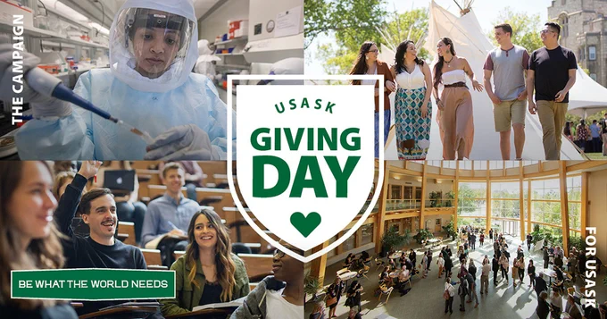 INFOGRAPHIC: USask Giving Day logo amidst a collage of photos including portraits of members of the USask community