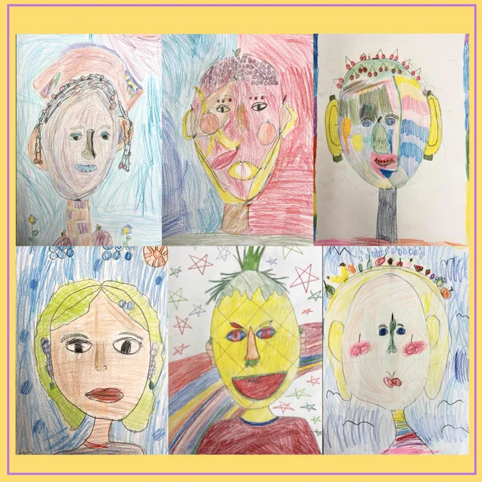 Six colored pencil portraits made by children. Each portrait, inspired by the art of Arcimboldo,  is colorful and shows a unique face made up of fruits and vegetables instead of regular body parts.