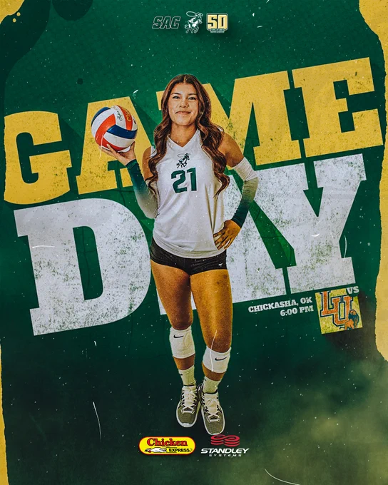 USAO Volleyball gameday graphic. Featuring image of Giselle Calderon. USAO vs Langston at 6:00 PM in Drover Fieldhouse.
