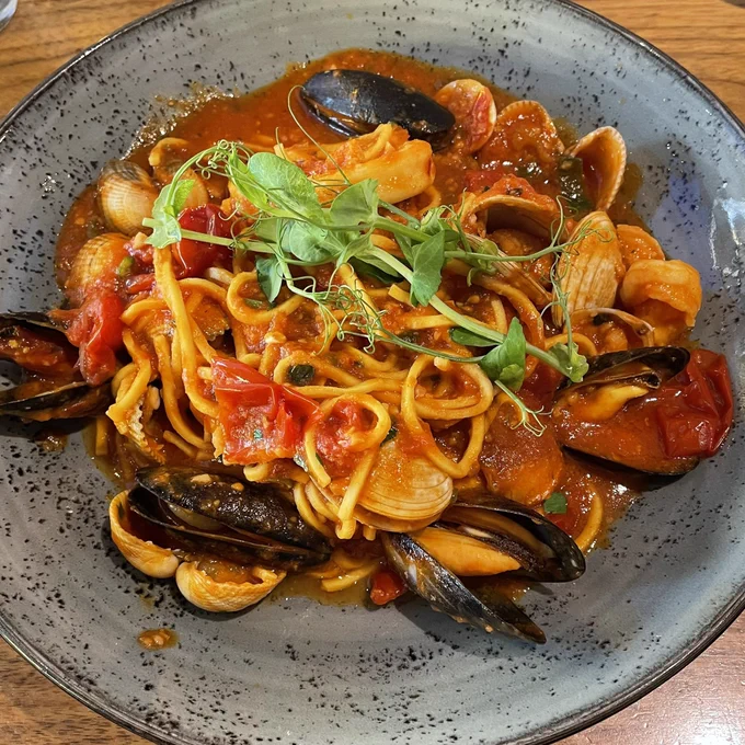 Plate of spaghetti with seafood and tomato sauce