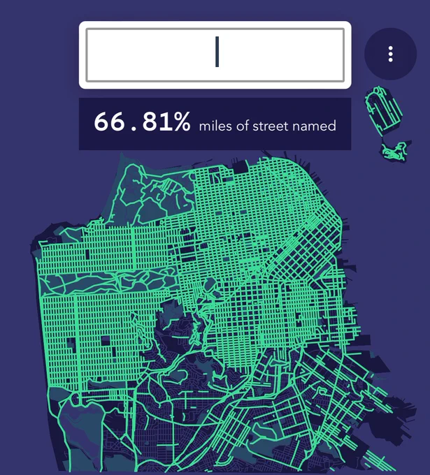photo of a dark map with bright green road lines, san francisco. text "66.81% of miles of street named"