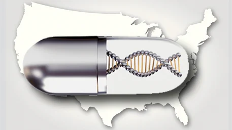 A pill capsule with a double helix inside on a map of the USA