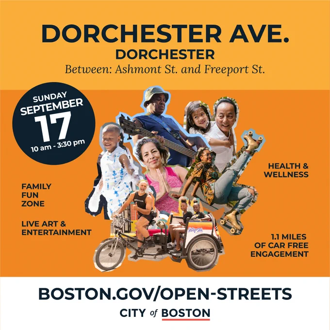 orange graphic with text: Dorchester Ave in Dorchester on Sunday September 17