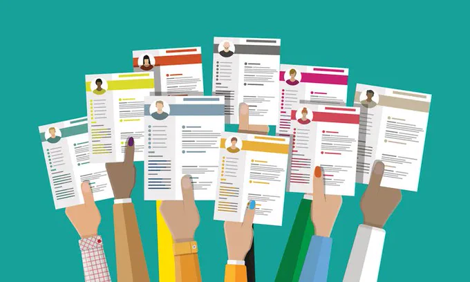 Nine cartoon arms raised to the sky, holding nine differently-colored resumes.