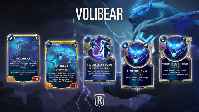 5 cards from LoR's newest expansion, Fate's Voyage: Onward, are featured on top of an image of Volibear standing in a storm with trails of blue lightning coming from his eyes. He is baring his fangs and claws. The cards from left to right are: Volibear; Volibear (Level 2); Relentless Storm; Stormbringer; Volibear's Stormbringer.