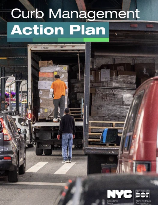 A cover of a report called the curb management action plan shows people unloading from a truck on a crowded street