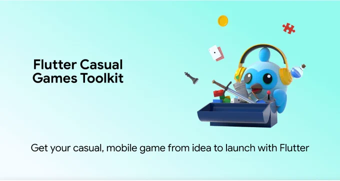 The title "Flutter Casual Games Toolkit" is to the left of an image of Flutter's mascot Dash surrounded by game pieces.