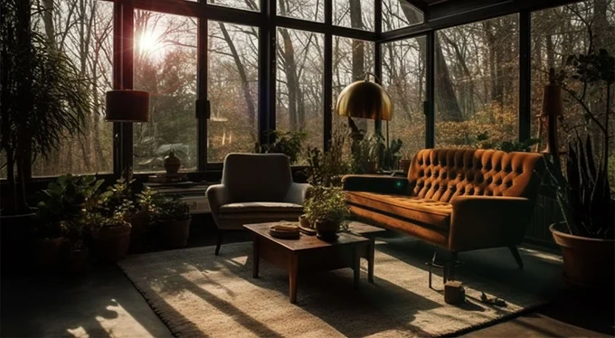 An orange tufted sofa and mid-century gray chair sit empty in the low raking light of a sunroom.