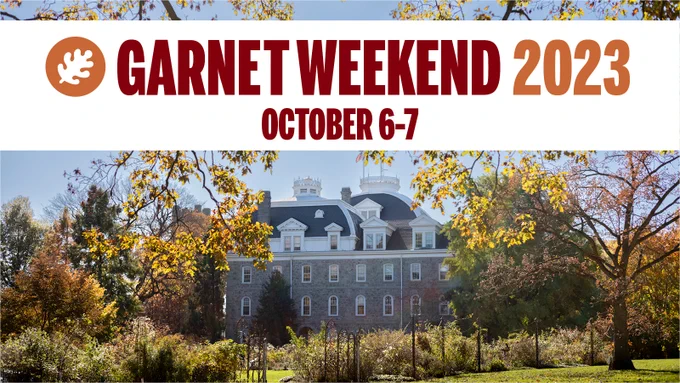 An image of Parrish Hall with text that reads, "Garnet Weekend 2023, October 6-7" with an image of an illustrated leaf icon.