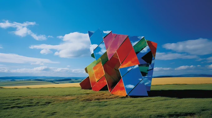 A large, colourful, multifaceted object in the middle of a field.