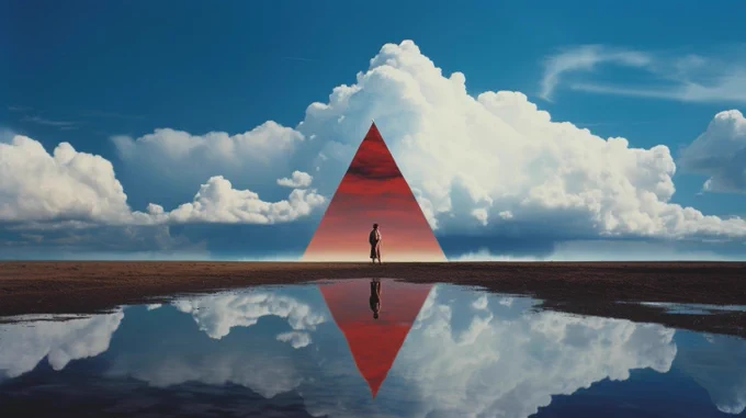 A cloudy sky reflected in water in the desert, a large pyramid is in the middle, like a window into the sunset.