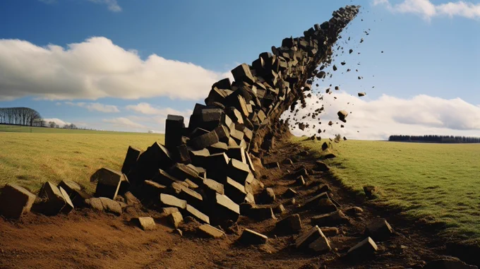 A stone path is tearing up out of the ground towards the sky.
