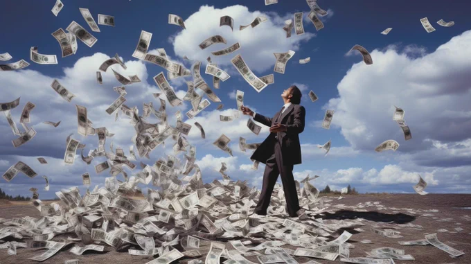 A man surrounded by money falling from the sky.