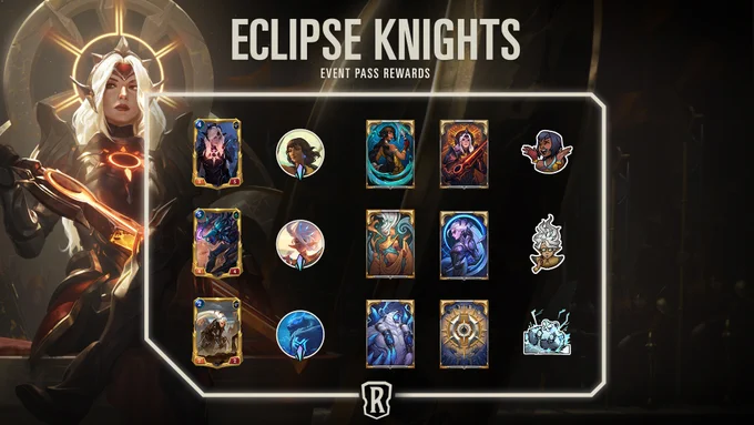 A translucent panel with a tan-gray border is layered on top of an image of Solar Eclipse Leona sitting on a chair and holding her Zenith Blade. There is text at the top center: “Eclipse Knights. Event Pass Rewards”. Within the panel there are images of, starting from the left, top to bottom, Column 1: Solar Eclipse Leona Champion Skin, Lunar Eclipse Senna Champion Skin, and Eclipse Knight Diana Champion Skin. Column 2: Nilah Champion Fragment, Janna Champion Fragment, and Volibear Champion Fragment. Column 3: Nilah Card Back, Janna Card Back, and Volibear Card Back. Column 4: Eclipse Knight Leona Card Back, Eclipse Knight Diana Card Back, and Eclipse Knight Card Back. Column 5: Overwhelming Joy Emote, Closer Look Emote, and Voli Smash Emote.