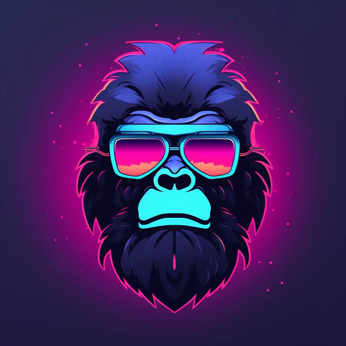 esports neon logo | gorilla with sunglasses | flat illustration | synthwave palette | dark plain background --style raw --c 15 --s 25