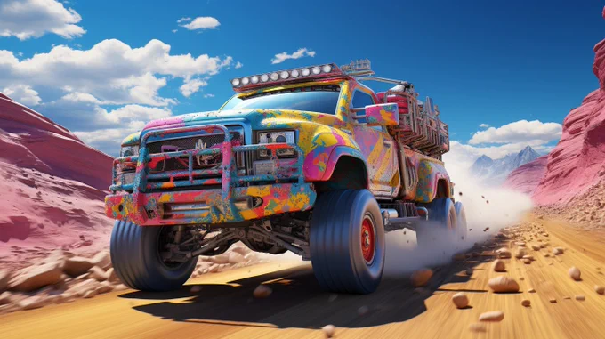 Hot-Wheels truck model | childhood epic race | in-game experience | RTX-on, Unreal engine | sports shot --style raw --ar 16:9 --s 750