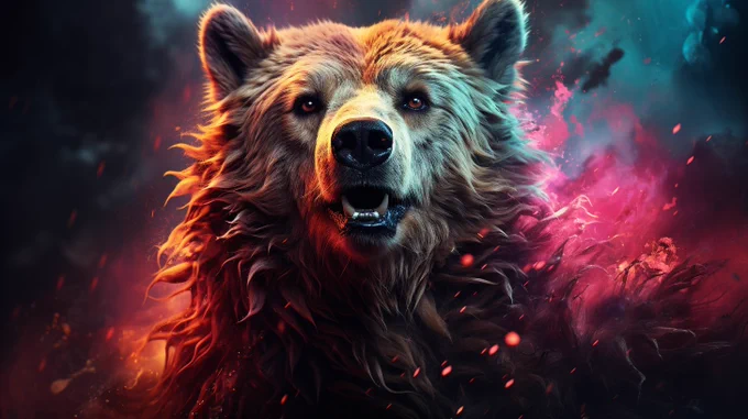 synesthesia particles | aurora borealis in the background | neon bright bear portrait | red palette --style raw --ar 16:9 