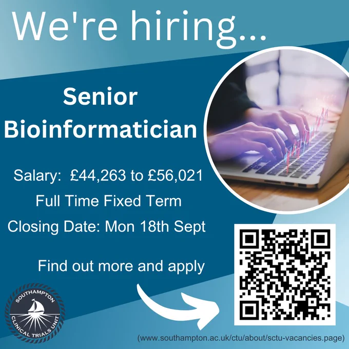 A blue background with the SCTU logo in the bottom left hand corner and a circular image of hands typing on a laptop with images of data coming of the keyboard, and the wording "We're hiring... Senior
Bioinformatician. Salary:  £44,263 to £56,021, Full Time Fixed Term,
Closing Date: Mon 18th Sept. Find out more and apply" with an arrow to a QR code and the url www.southampton.ac.uk/ctu/about/sctu-vacancies.page.