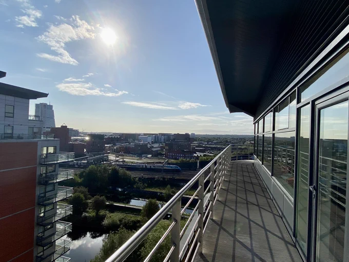 A view of Leeds from the balcony of the 8th floor of The Studio, on a sunny day