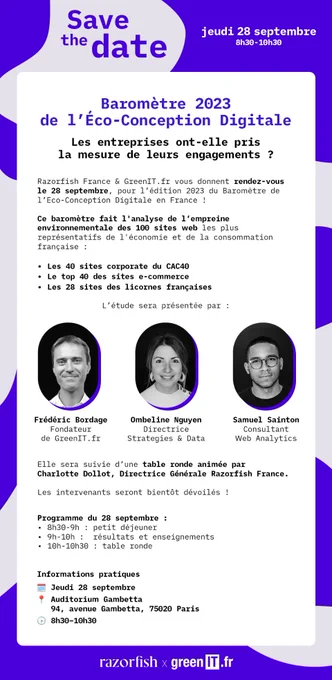 Baromètre de l'écoconception digitale, 2ème édition, 28 septembre 2023 de 8h30 à 10h30 à Paris par Razorfish et le collectif Green IT.
