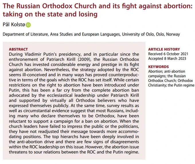 Title and abstract. The Russian Orthodox Church and its fight against abortion: taking on the state and losing. 