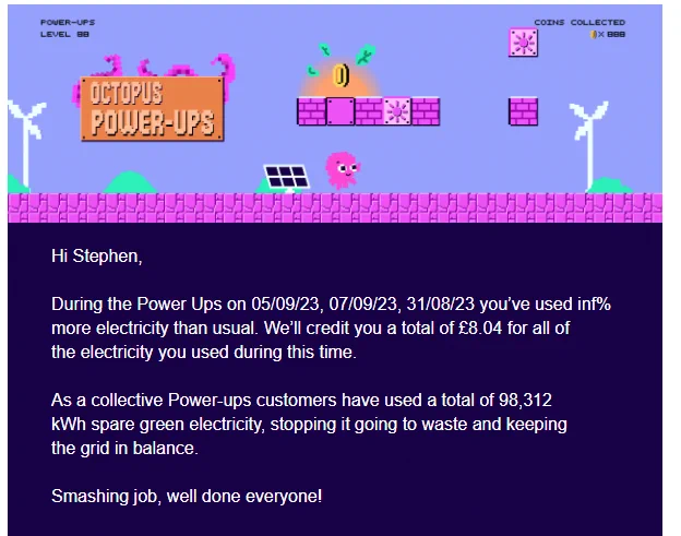 Screenshot of an email that mentioned energy usage was "inf%" more than usual
