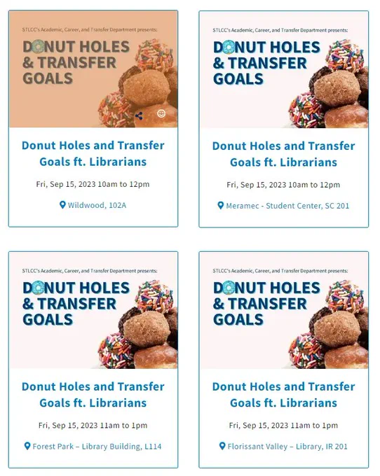 Donut Holes with text about events at campuses to help with transfer goals.