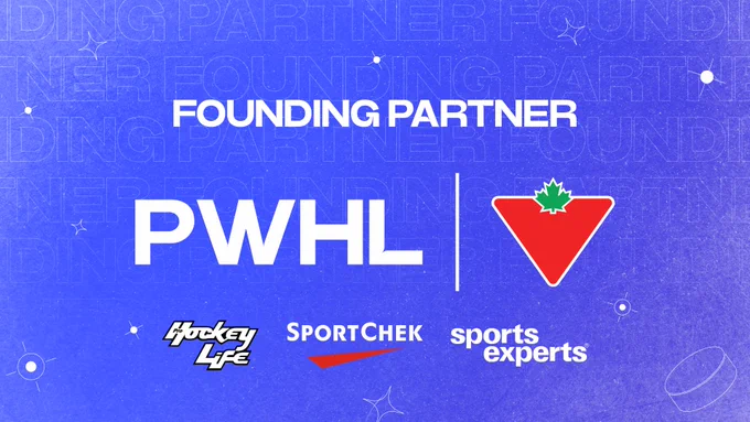 A graphic announcing Canadian Tire Corporation's founding partnership with the PWHL. The top of the graphic says "Founding Partner." In the center are the PWHL logo and the Canadian Tire logo. Underneath are the logos of Canadian Tire's family of companies: Pro Hockey Life, Spork Chek, and Sports Experts.