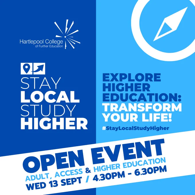 Join us TODAY at our dedicated OPEN EVENT for Adult, Access and HE Programmes between 4.30pm and 6.30pm.

Especially if you are looking for the most extensive choice of Higher Education programmes in Hartlepool, from L4 to L7.

#StayLocalStudyHigher #TransformingLives 