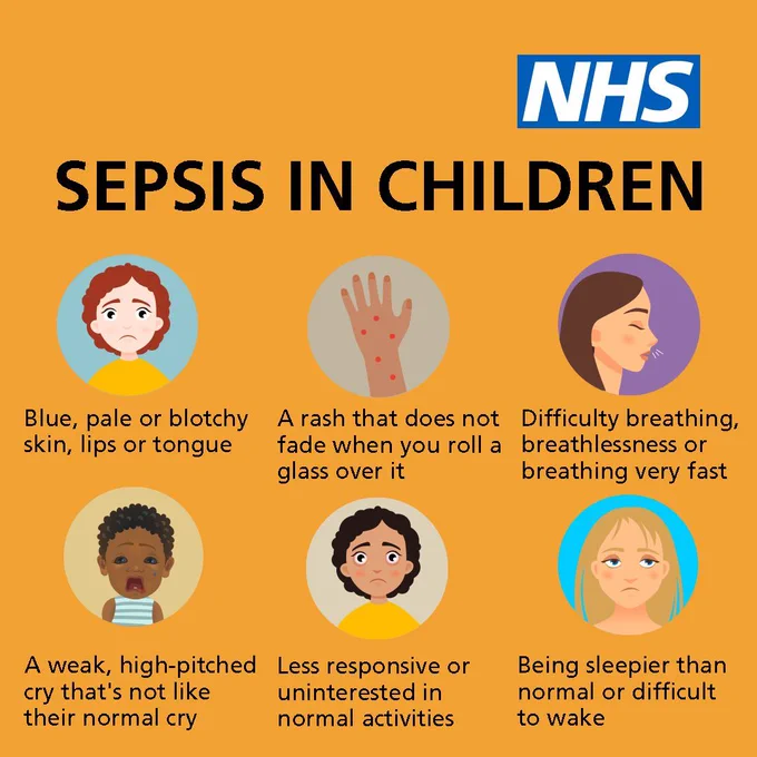The text reads "Sepsis in children"

The symptoms listed are "Blue, pale or botchy skin, lips or tongue; A rash that does not fade when you roll a glass over it; Difficulty breathing, or breathlessness or breathing very fast; A weak, high-pitched cry that's not like their normal cry; Less responsive or uninterested in normal activities; Being sleepier than normal or difficult to wake."

The NHS logo is in the top right hand corner.