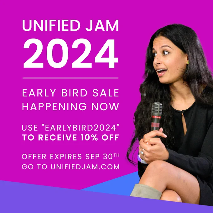 Use code EarlyBird2024 to take 10% off your tickets to Unified Jam 2024.  Offer expires September 30th!  Go to unifiedjam.com now.