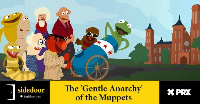 Eight different Muppets surrounding Kermit who is being launched from a cannon in front of the Smithsonian Institution Castle on a sunny day. 