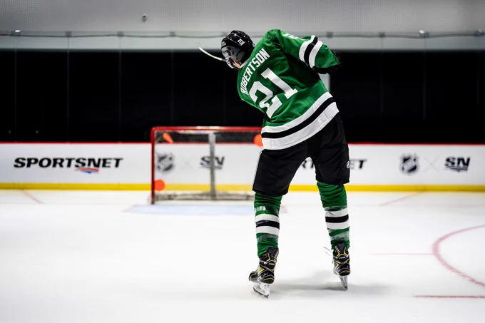 Jason Robertson hitting a target in a net