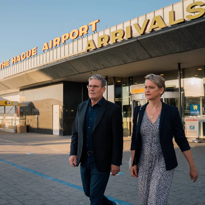 Keir Starmer and Yvette Cooper walking out of The Hague airport