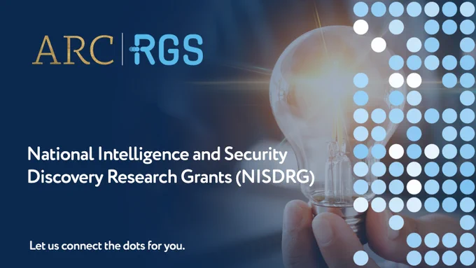 Australian Research Council and Research Grants Services logo. Dark blue tile and hand holding a lightbulb. National Intelligence and Security Discovery Research Grants (NISDRG) Program, let us connect the dots for you.