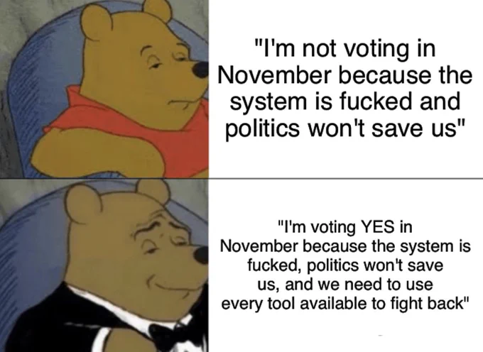Meme showing poo bear looking disappointed in the first frame, wearing his regular red shirt. Next to the image reads "I'm not voting in November because the system is fucked and politics won't save us." the second frame shows Pooh bear wearing a suit and tie and smiling while wiggling his eyebrows. The text read, "I'm voting YES in November because the system is fucked, politics won't save us, and we need to use every tool available to fight back"