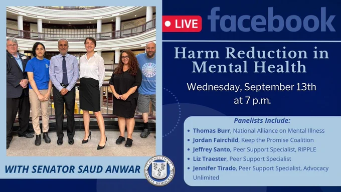 Photo of Senator Anwar with panelists (L-R; Sen Anwar is third from left) 

Thomas Burr, National Alliance on Mental Illness, CT
Jordan Fairchild, Keep The Promise Coalition
Liz Traester, Peer Support Specialist
Jennifer Tirado, Peer Support Specialist, Advocacy Unlimited
Jeffrey Santo, Peer Support Specialist, RIPPLE