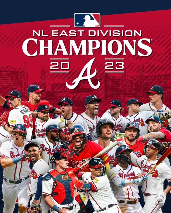 The 2023 Braves roster appears against a red backdrop overlaid with Truist Park. White text reads NL East Division Champions.