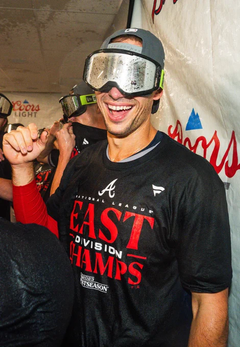 Matt Olson smiles while wearing goggles during tonight’s clubhouse celebration.